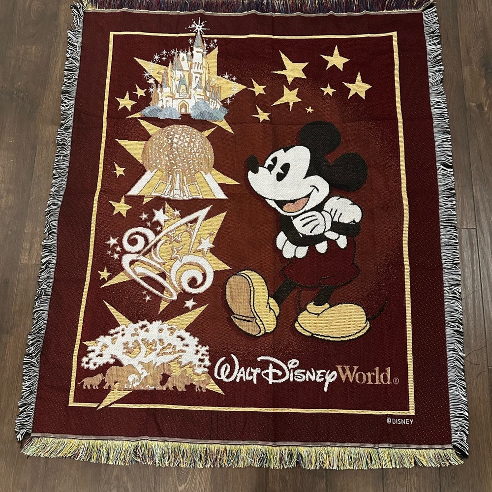 Vintage Walt Disney World Mickey 4 Parks Tapestry Woven Throw Blanket